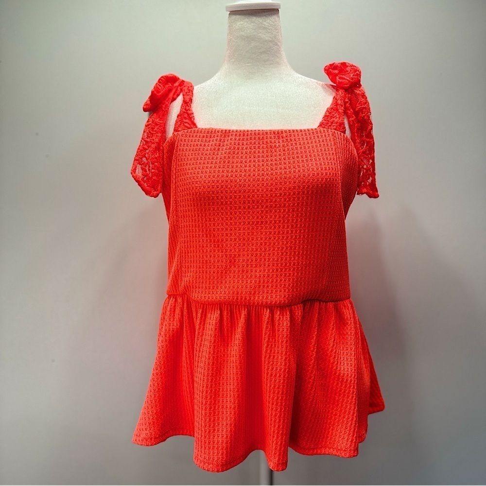 BiBi  Orange Waffle Knit Lace Bow Straps Babydoll Ruffle Tank Top